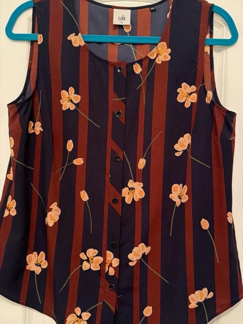 CAbi Navy and Rust Floral Stripe Sleeveless Button-Front Top